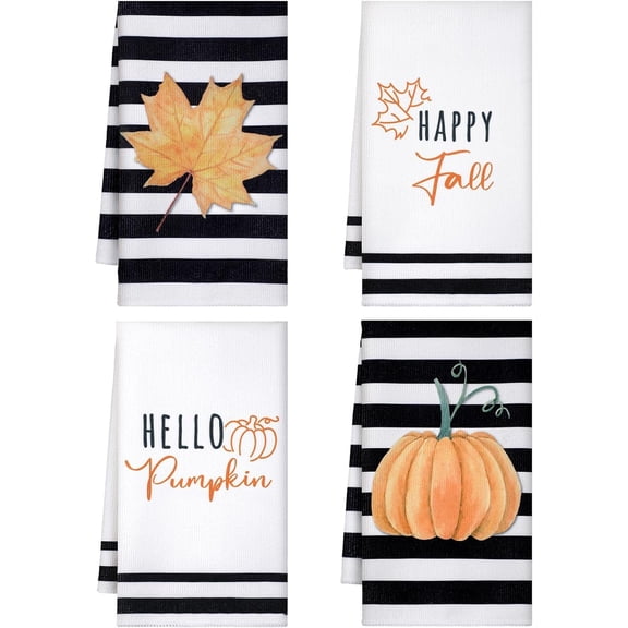 luyaa 4 Pcs Absorbent Fall Hand Towels Pumpkin Kitchen Dishcloths Fall Leaves Truck Tea Towels Striped Autumn Towels for Bathroom Thanksgiving Harvest Decor (Novel Style)
