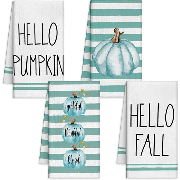 luyaa 4 Pcs Fall Kitchen Towels 18x26 inch Thanksgiving Teal Striped Pumpkin Decorative Dish Hand Towels Set for Autumn Bathroom Kitchen Farmhouse Decor