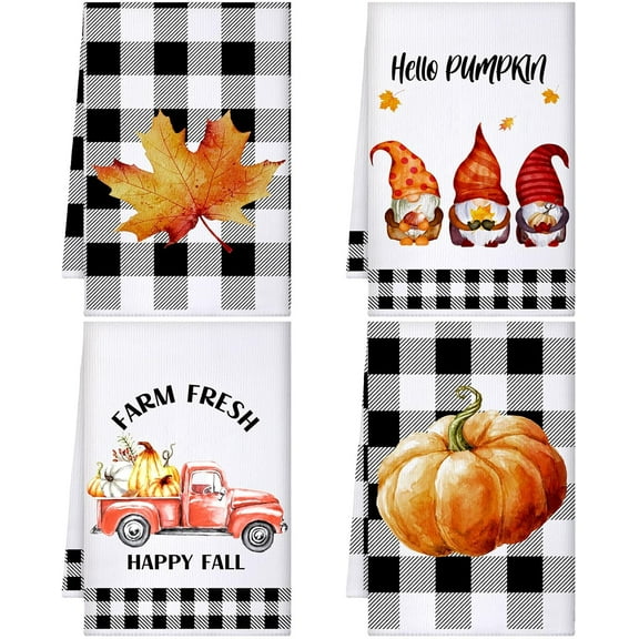 luyaa 4 Pcs Fall Kitchen Towels Pumpkin Gnome Hand Towels 18 x 26 inches Thanksgiving Dish Cloth Autumn Harvest Decorative Absorbent Tea Dishcloth for Bathroom Kitchen Fall Decor
