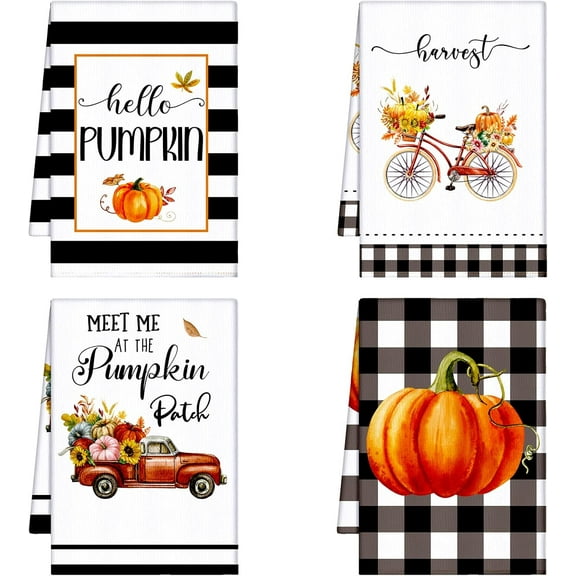 luyaa 4 Pcs Thanksgiving Kitchen Dish Towels Fall Pumpkin Dish Cloths with Hanging Loop Autumn Tea Towels Maple Leaves Dish Hand Towel for Fall Kitchen Bathroom Decor (White, Orange, Pumpkin)
