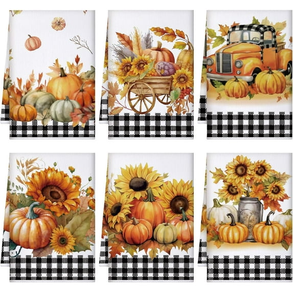 luyaa 6 Pcs Fall Kitchen Towels Pumpkins Thanksgiving Dish Towels Maple Leaf Tea Reusable Hand Autumn Absorbent Cloth, 18'''' x 26''''(Yellow,Pumpkin, Sunflower, Car)