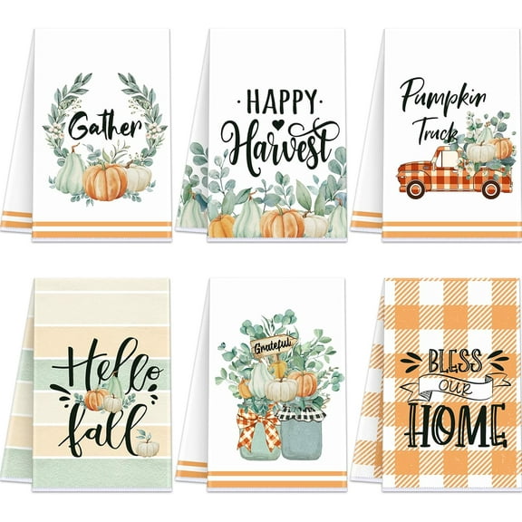 luyaa 6 Pcs Thanksgiving Kitchen Towels Fall Pumpkin Hand Towels 18'''' x 26'''' Autumn Dish Towels Eucalyptus Leaves Decorative Tea Towel Yellow Absorbent Dish Cloths for Bathroom Home Decor