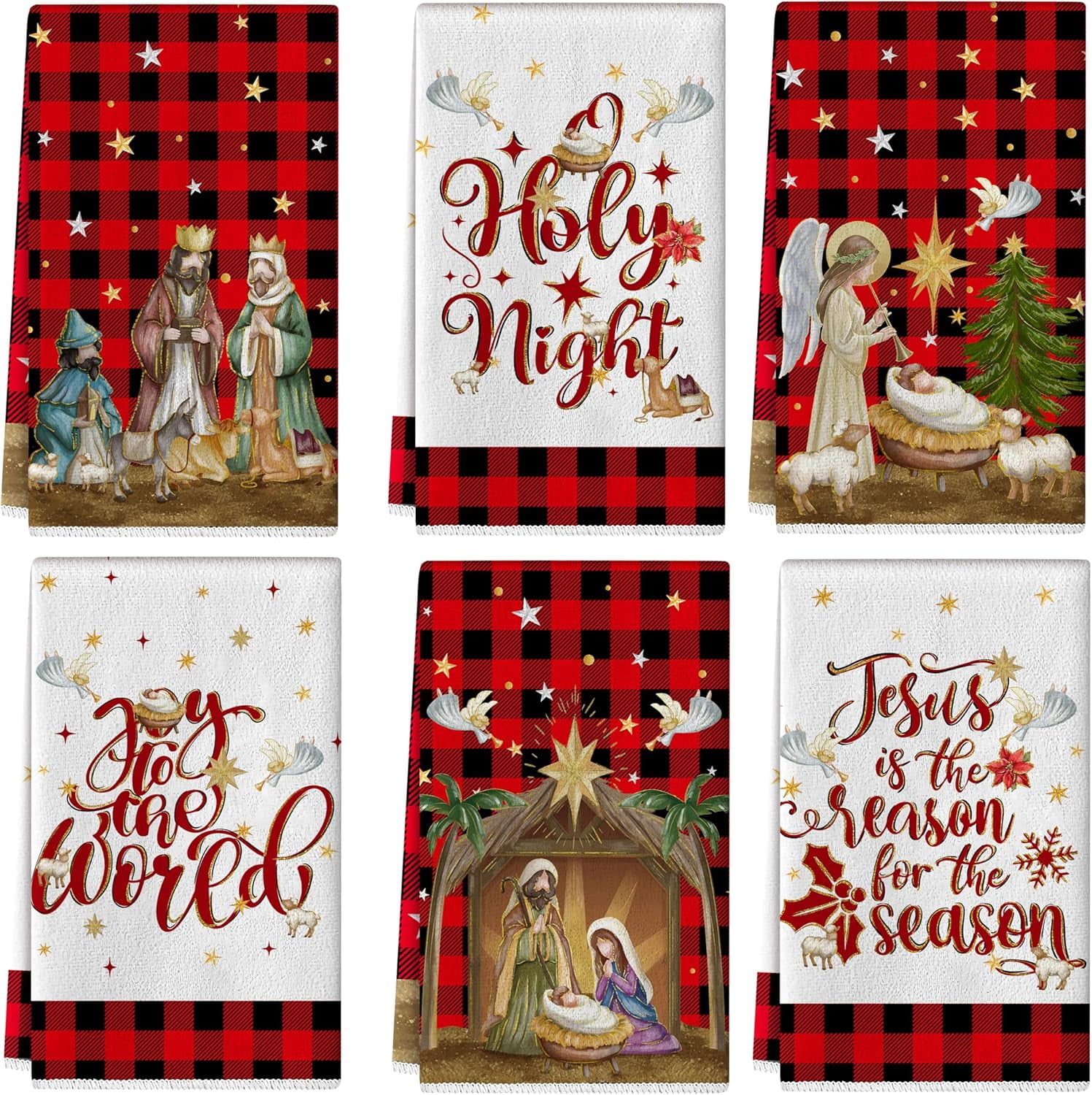 luyaa Christmas Kitchen Dish Towels 18 x 26 Inch Nativity Scene Hand Towels Jesus Holy Night Tea Towels Winter Holiday Christmas Kitchen Decor Absorbent Drying Cloth for Cooking Set of 6