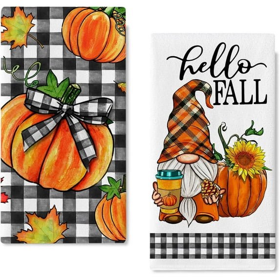 luyaa Hello Fall Pumpkin Sunflower Kitchen Dish Towels Set of 2, Autumn Harvest Floral Flower Jar Hand Towels Drying Baking Cooking Cloth, Thanksgiving Farmhouse Sweet Home Kitchen Decor 18x26 Inch