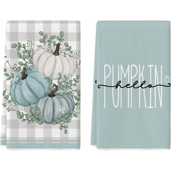 luyaa Hello Pumpkin Eucalyptus Leaves Fall Kitchen Towels Dish Towels, 18x26 Inch Autumn Thanksgiving Harvest Tea Hand Towel Set of 2