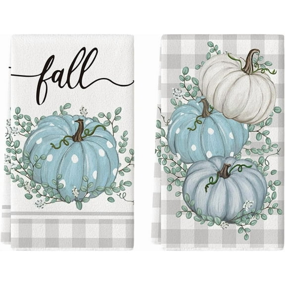 luyaa Orange Buffalo Plaid Leaves Pumpkin Fall Kitchen Towels Dish Towels, 18x26 Inch Farmhouse Decoration Hand Towels Set of 2