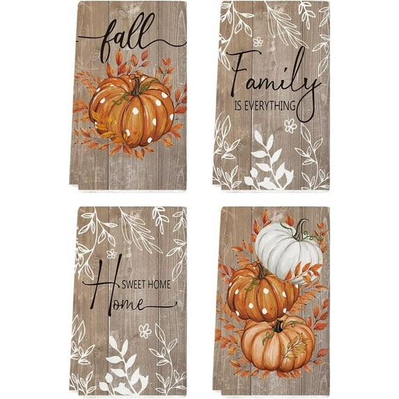 luyaa Orange Buffalo Plaid Polka Dot Pumpkin Fall Kitchen Towels Dish Towels, 18x26 Inch Autumn Leaves Decoration Hand Towels Set of 4