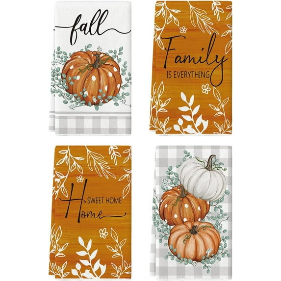 luyaa Orange Buffalo Plaid Polka Dot Pumpkin Fall Kitchen Towels Dish Towels, 18x26 Inch Autumn Leaves Decoration Hand Towels Set of 4