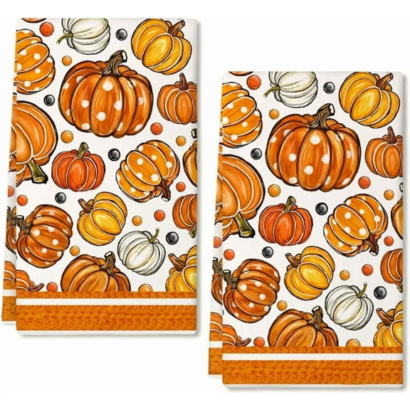 luyaa Orange Pumpkin Fall Kitchen Towels Set of 2,Autumn Dish Towels 18x26 Inch Drying Dishcloth,Thanksgiving Farmhouse Home Decorations AD388