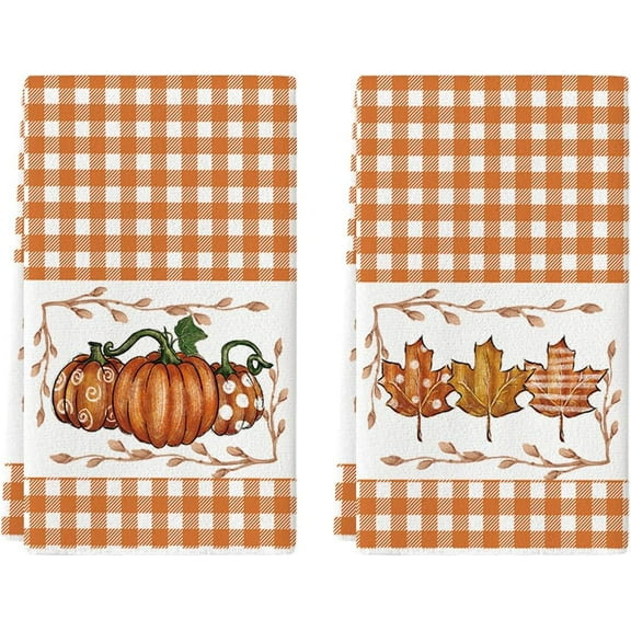 luyaa Orange Stripes Polka Dot Pumpkin Fall Kitchen Towels Dish Towels, 18x26 Inch Farmhouse Maple Leaves Decoration Hand Towels Set of 2