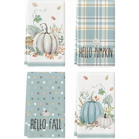 luyaa Orange Watercolor Stripes Hello Pumpkin Fall Kitchen Towels Dish Towels, 18x26 Inch Leaves Decoration Hand Towels Set of 4