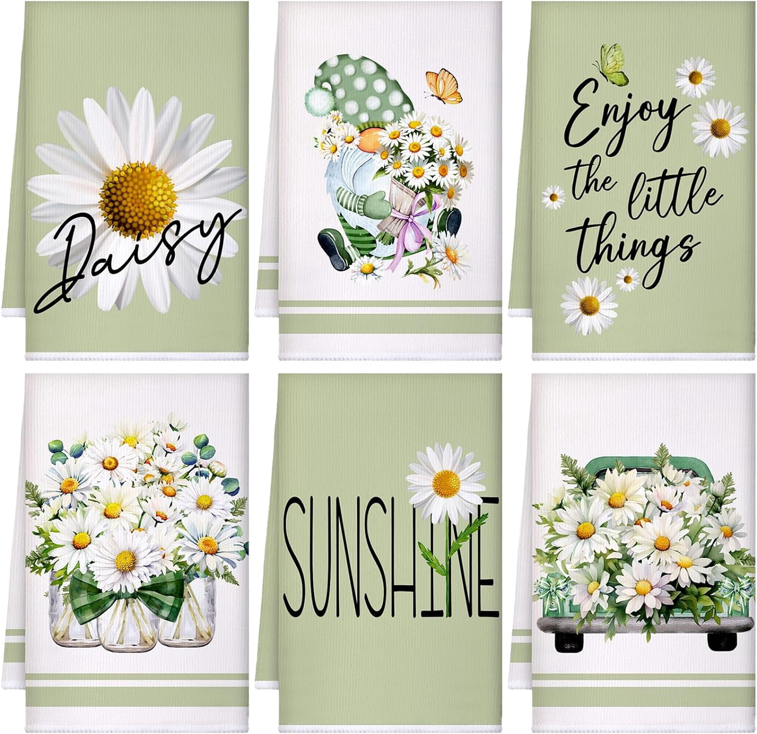 luyaa Set of 6 Daisy Kitchen Towels Spring Floral Gnome Dishtowels Flower Rustic Tea Towels Absorbent Forest Green Hand Wash Cloth 26"x18" for Farmhouse Kitchen Bathroom Housewarming Gift
