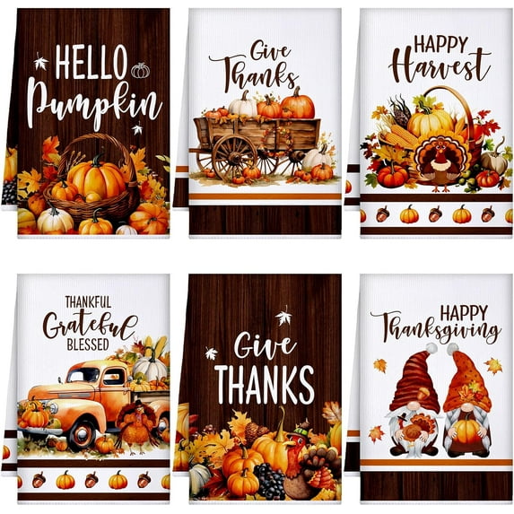 luyaa Set of 6 Fall Kitchen Towels Pumpkin Autumn Dish Hand Tea Gnomes Towels for Thanksgiving Kitchen Decorative Absorbent Fast Drying Cloth for Bathroom Cooking 18" x 26"(Brown,Vintage)