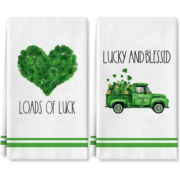 luyaa St. Patrick''s Day Kitchen Towel Green Heart Truck Irish Dish Towel Lucky and Blessed Hand Drying Tea Towel for Cooking Baking Cleaning Wipes, 18 x 26 Inch, Set of 2