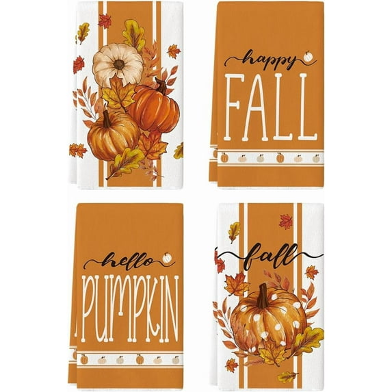 luyaa Stripes Polka Dot Pumpkin Fall Kitchen Towels Dish Towels, 18x26 Inch Farmhouse Maple Leaves Autumn Decoration Hand Towels Set of 4