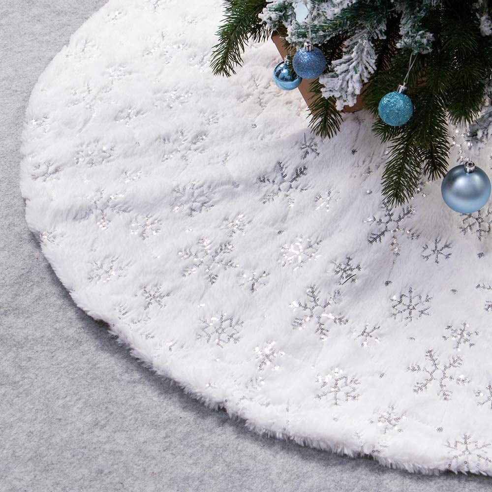 lvdiandian Sequin Christmas Tree Skirt Soft Plush Mat White Faux Fur ...