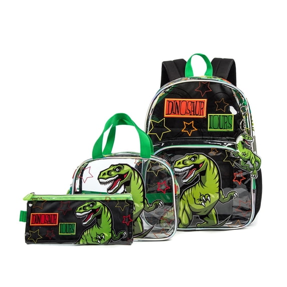 lvyH Clear Backpack for Girls Boys,3pcs See Through Transparent Backpacks Set Cartoon Heavy Duty Daypack with Lunch Bag Pen Case,Green Dinosaur