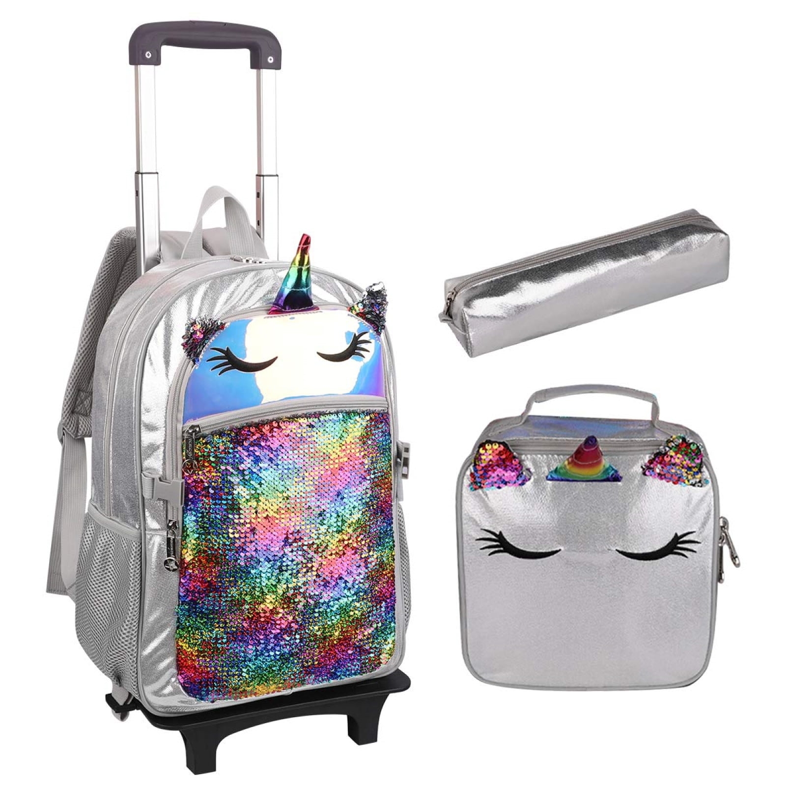 lvyH Kids Rolling Backpack, Silver Unicorn, 3pcs Set with Lunch Bag ...