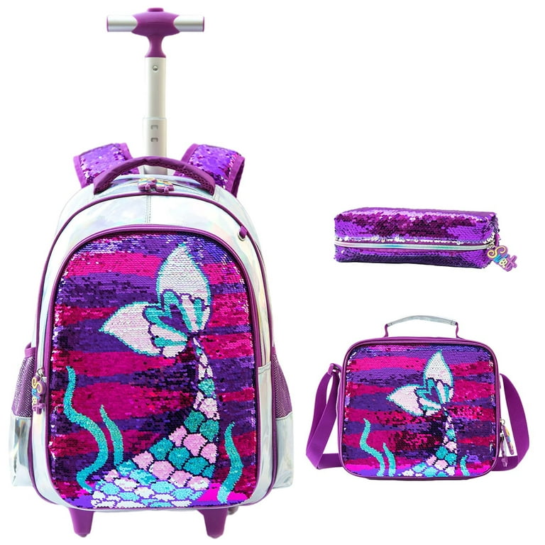 lvyH Rolling Backpack 3PCS for Girls with Pencil Case and Lunch Bag,16''  Kids Sequin Rolling School Bag for Teenage Child,Purple Mermaid 