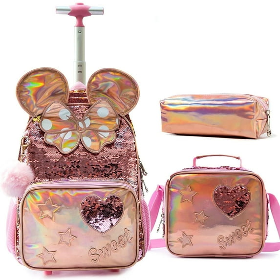 lvyH Women Girls 3 in 1 Pink Sequins School Rolling Backpack Student With Lunch Pencil Bag Crossbody Durable Bookbag Daypack Travel Outdoor