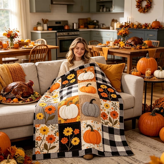 lwlmwt Fall Patchwork Quilted Throw Blanket 28x39 Inch, Rustic Pumpkin Maple Leaf Decorative Lightweight Reversible Blanket for Sofa Couch Bed