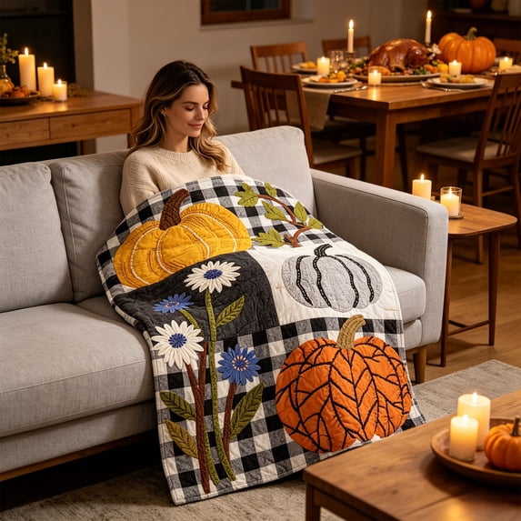 lwlmwt Fall Patchwork Quilted Throw Blanket 28x39 Inch, Rustic Pumpkin Maple Leaf Decorative Lightweight Reversible Blanket for Sofa Couch Bed