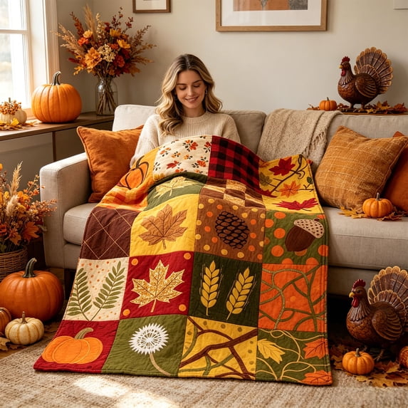 lwlmwt Fall Patchwork Quilted Throw Blanket 28x39 Inch, Rustic Pumpkin Maple Leaf Decorative Lightweight Reversible Blanket for Sofa Couch Bed