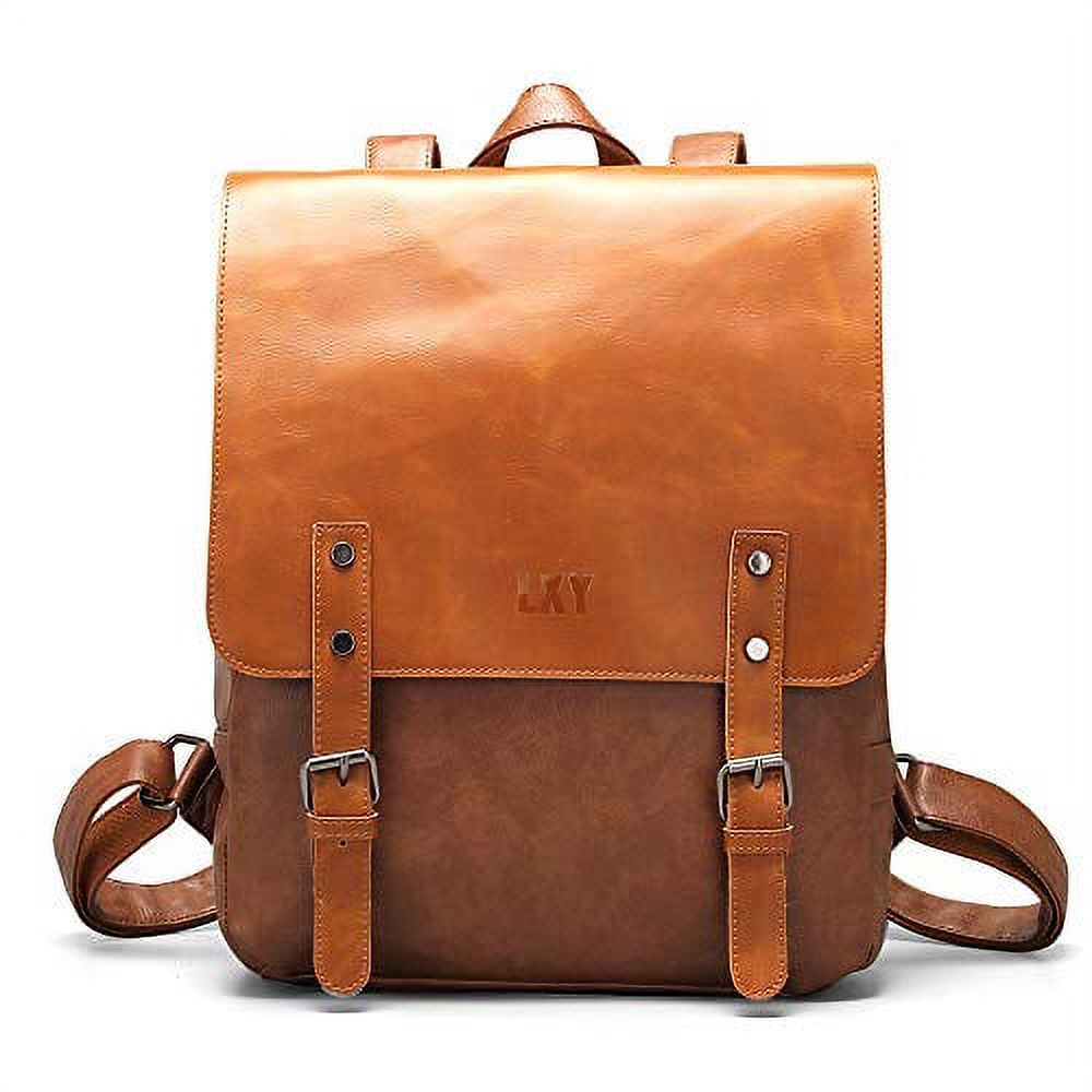 lxy vegan leather backpack vintage laptop bookbag for women men, brown faux leather backpack purse college school bookbag weekend travel daypack - image 1 of 3