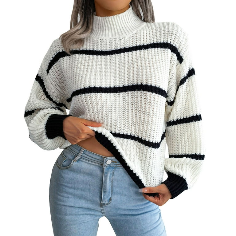 lystmrge Dresses Casual Winter Womens Mock Turtleneck Sweater Fitted  Clothes for Women Winter Womens Oversized Long Sleeve Striped Sweater  Casual Turtleneck Side Split Tunic Pullover Jumper Knit Tops 