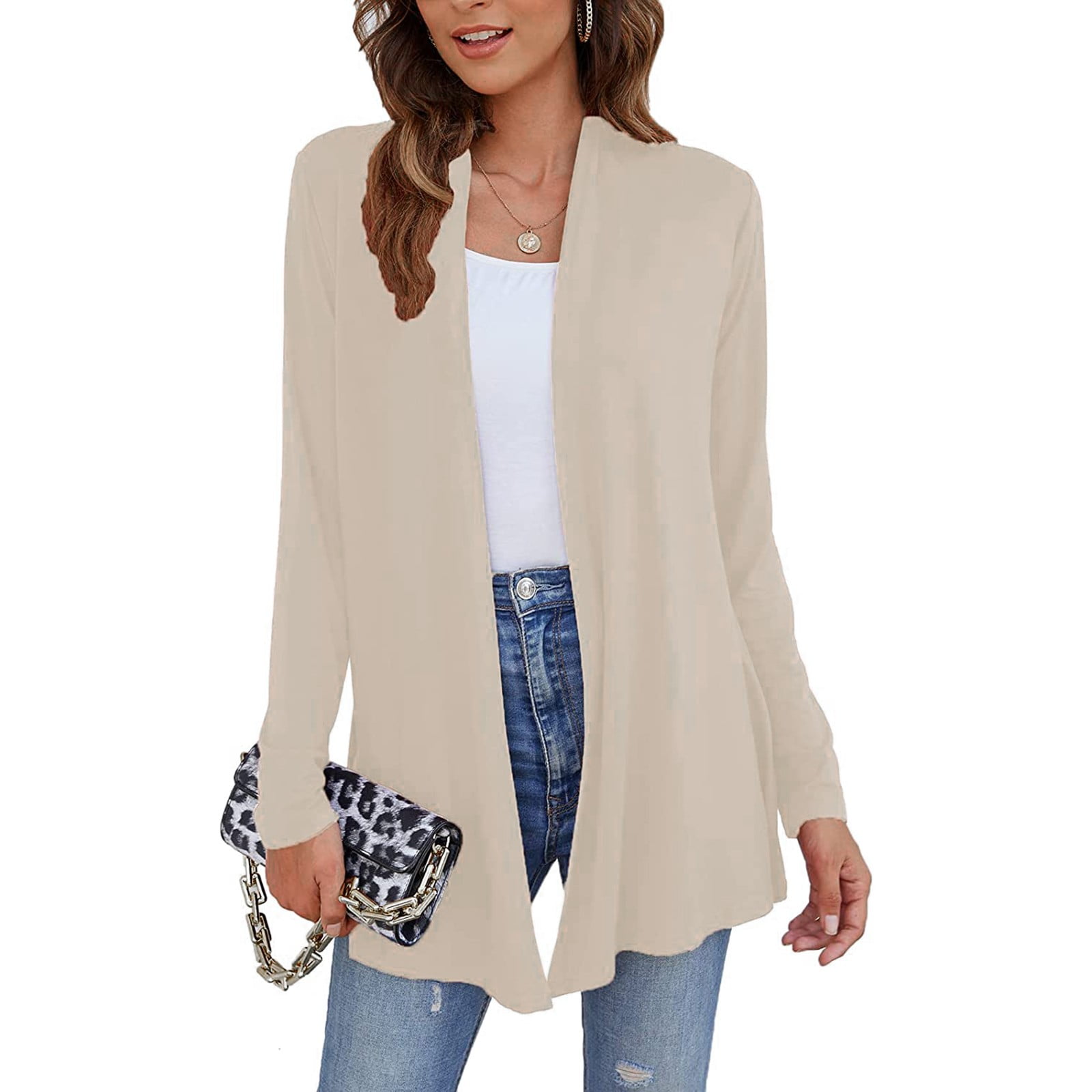Women's Long Soft Pocket Cardigan - Lightweight Tan Loungewear (Size Large)