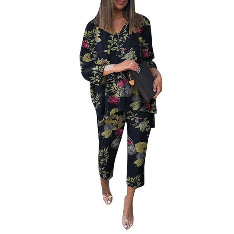 lystmrge Womens Business Attire Suits Two Piece Pants Set Women Pants Suits  for Women Sexy Formal Womens V Neck Nine Point Sleeve T Shirt Nine Point