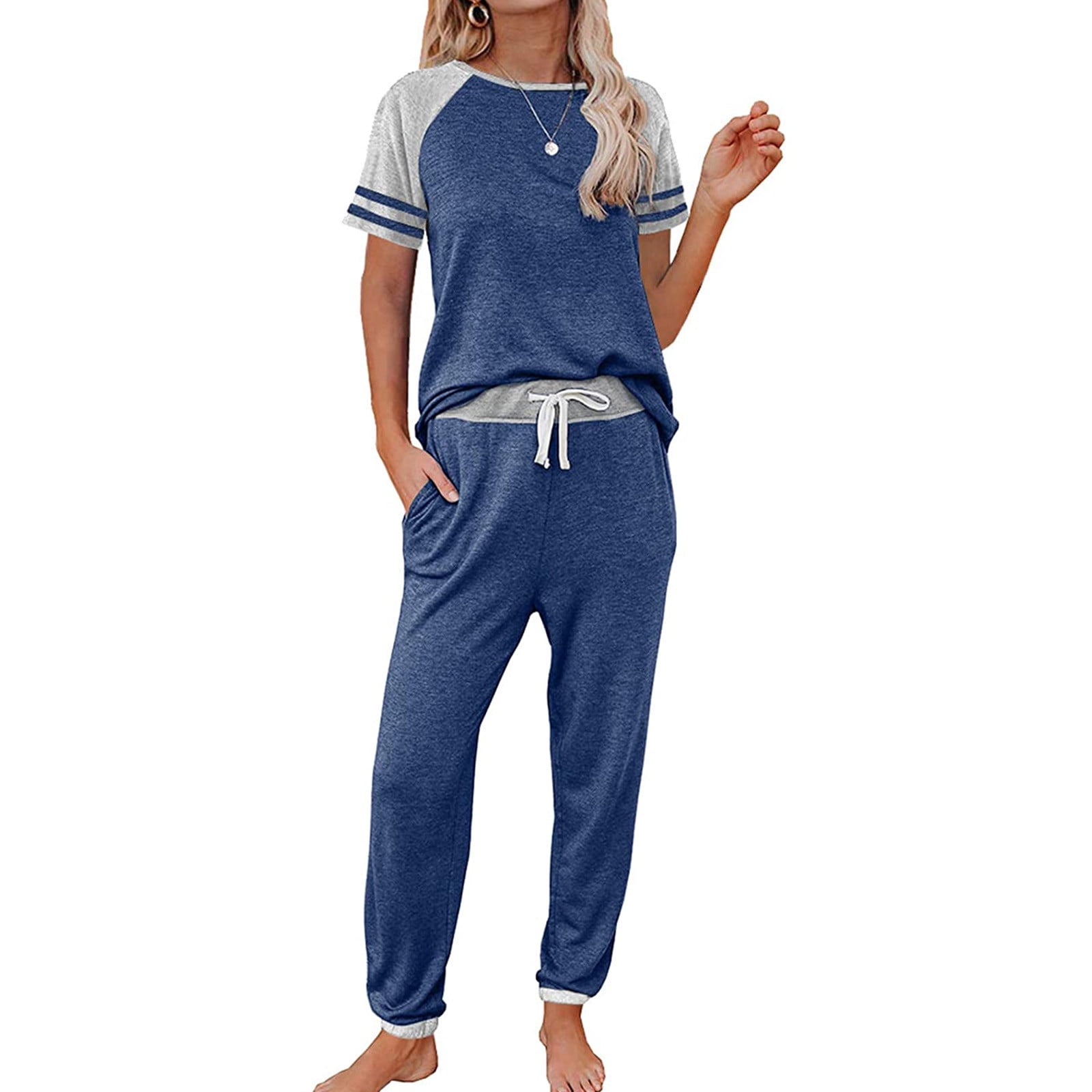lystmrge Work Out Outfits Women Clothes Sets Top And Pants Petite Suit  Women's Patchwork Short Sleeve O-neck Pullover Leisure Tops + Pants Set 