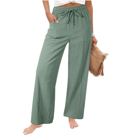 lyufng Linen Pants Women Wide Leg Summer Solid Color Drawstring Elastic Waist Loose Straight Leg Pants with Side Pockets