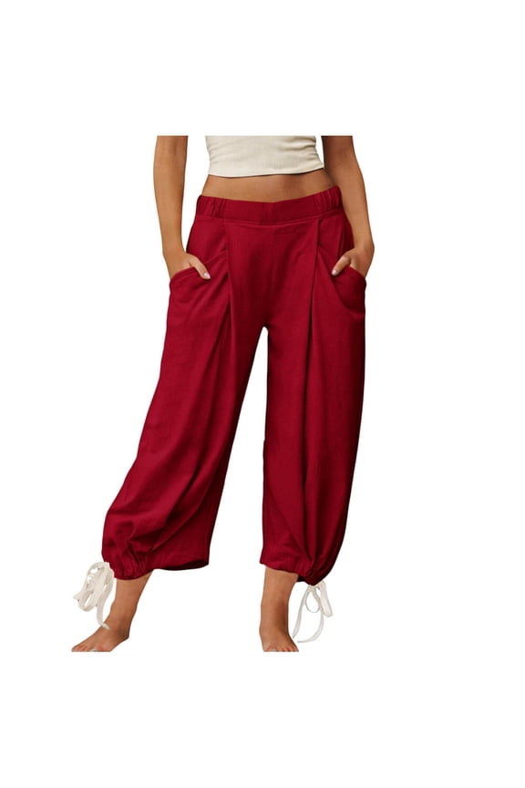 lyufng Pants with Pockets Women Cuffed Solid Color with Elastic Waist Casual