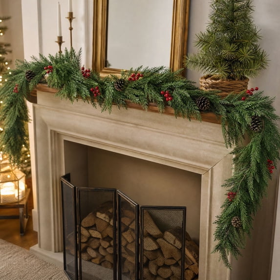 lzexuh 5.9 ft Christmas Garland with Red Berries and Floral Clusters,Dense Artificial Pine Swag for Door Mantel,Holiday Wreath Decoration