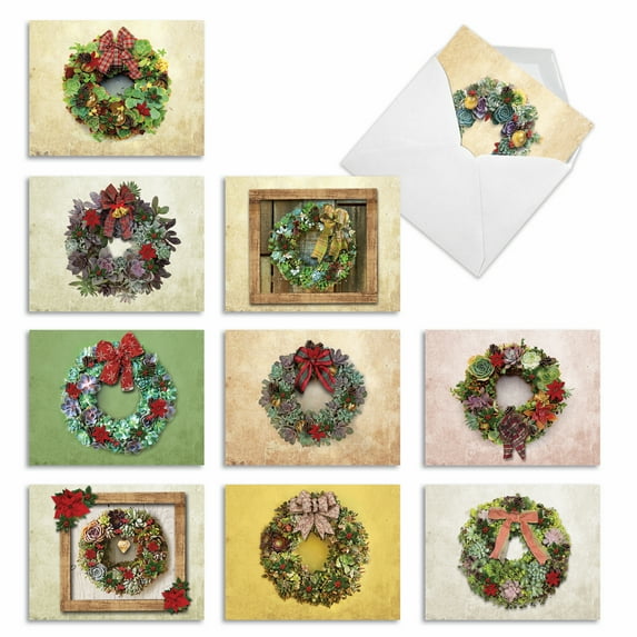 'm2942xsb succulent wreaths' 10 assorted merry christmas note cards featuring holiday wreaths made out of live plants, with envelopes by the best card company