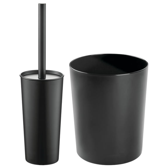 mDesign 2 Piece Plastic Bathroom Set, Bowl Brush and Trash Can - Black