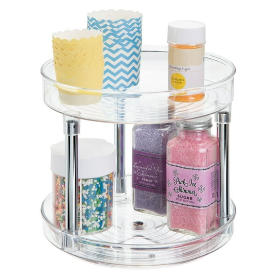 mDesign 2-Tier Lazy Susan, 9" Rotating Kitchen Organizer Carousel - Clear/Chrome