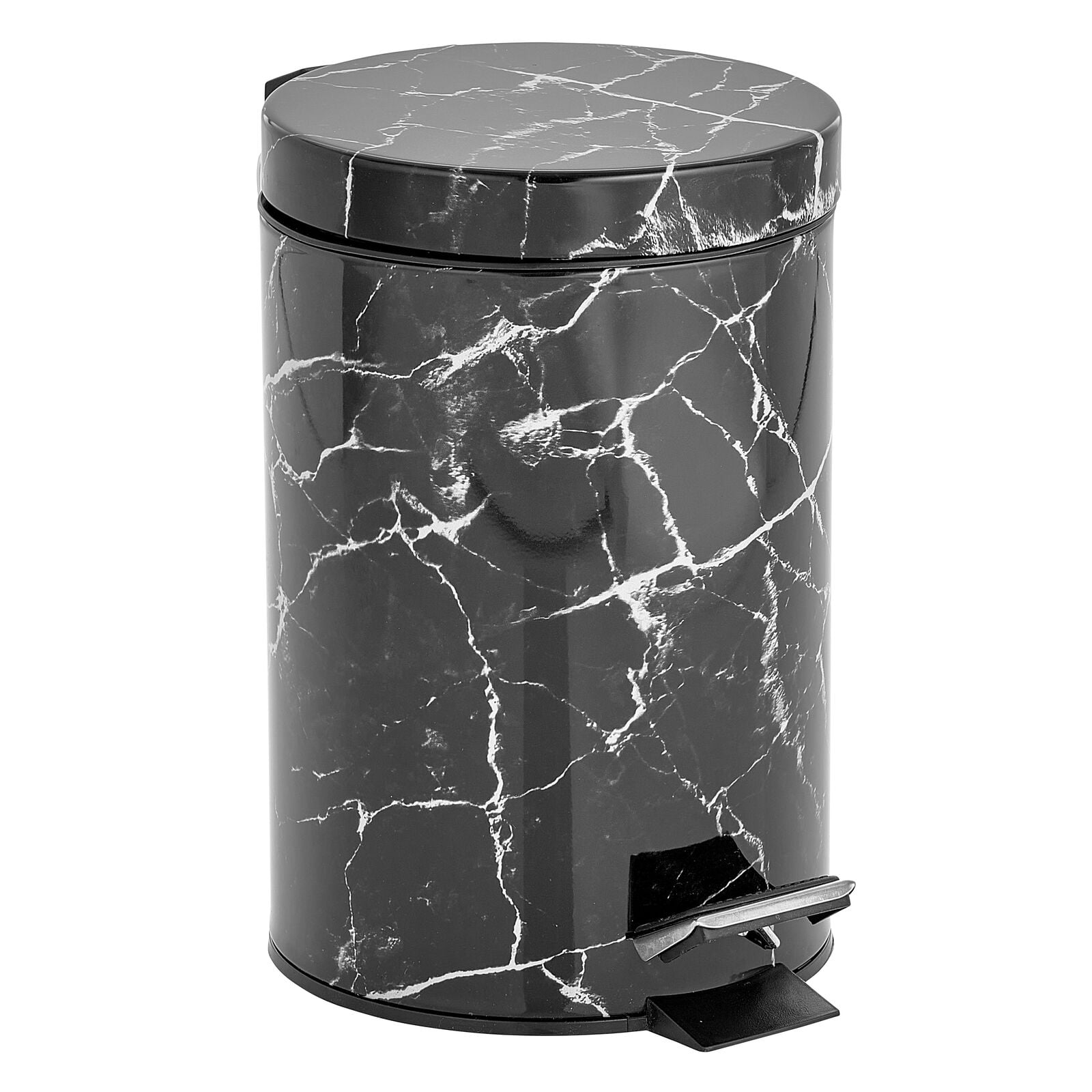 mDesign 3Liter Round Metal Step Trash Can, Liner/Handle Black Marble