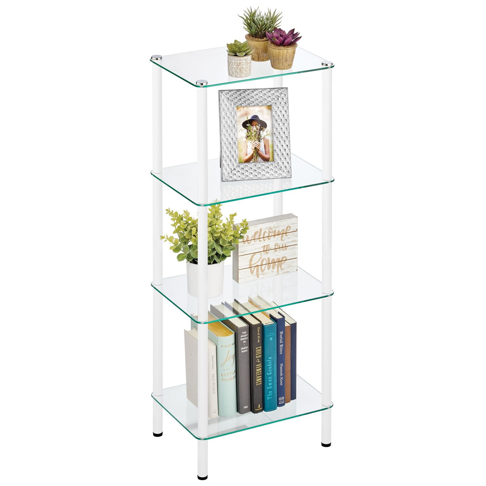 mDesign 4-Tier Glass/Metal Standing Shelf Organizer Display Unit, Chrome/ Clear