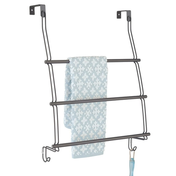 mDesign Adjustable Metal 3-Tier Over Door Towel Rack Holder, 2 Hooks, Dark Gray