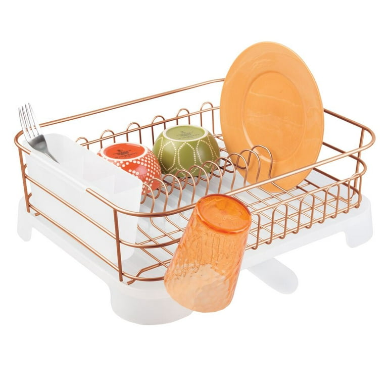 mDesign Large Metal Kitchen Countertop, Sink Dish Drying Rack - Removable  Plastic Cutlery Tray, Drainboard with Adjustable