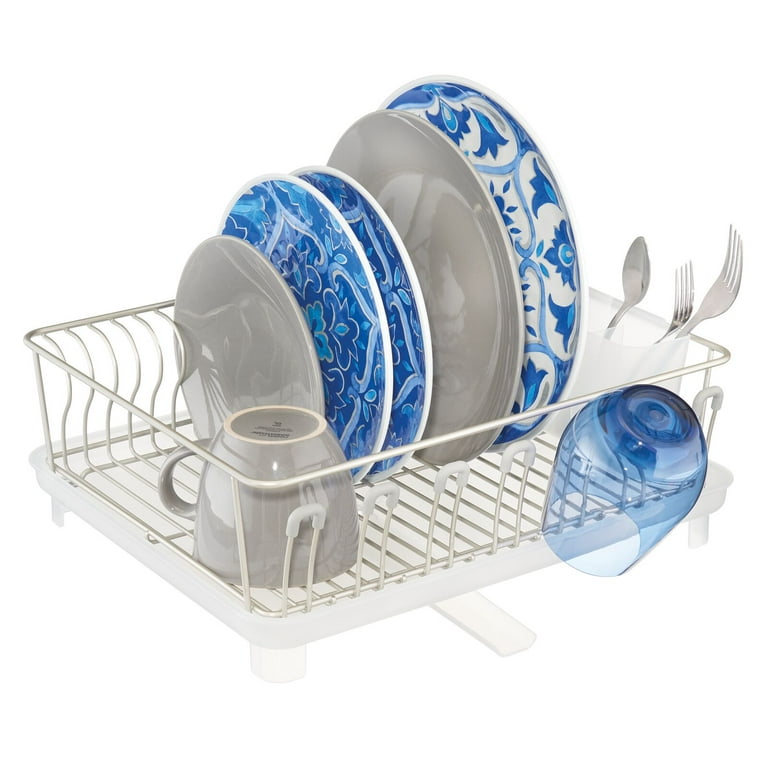 mDesign Large Kitchen Counter Dish Drying Rack with Swivel Spout - Satin/Frost