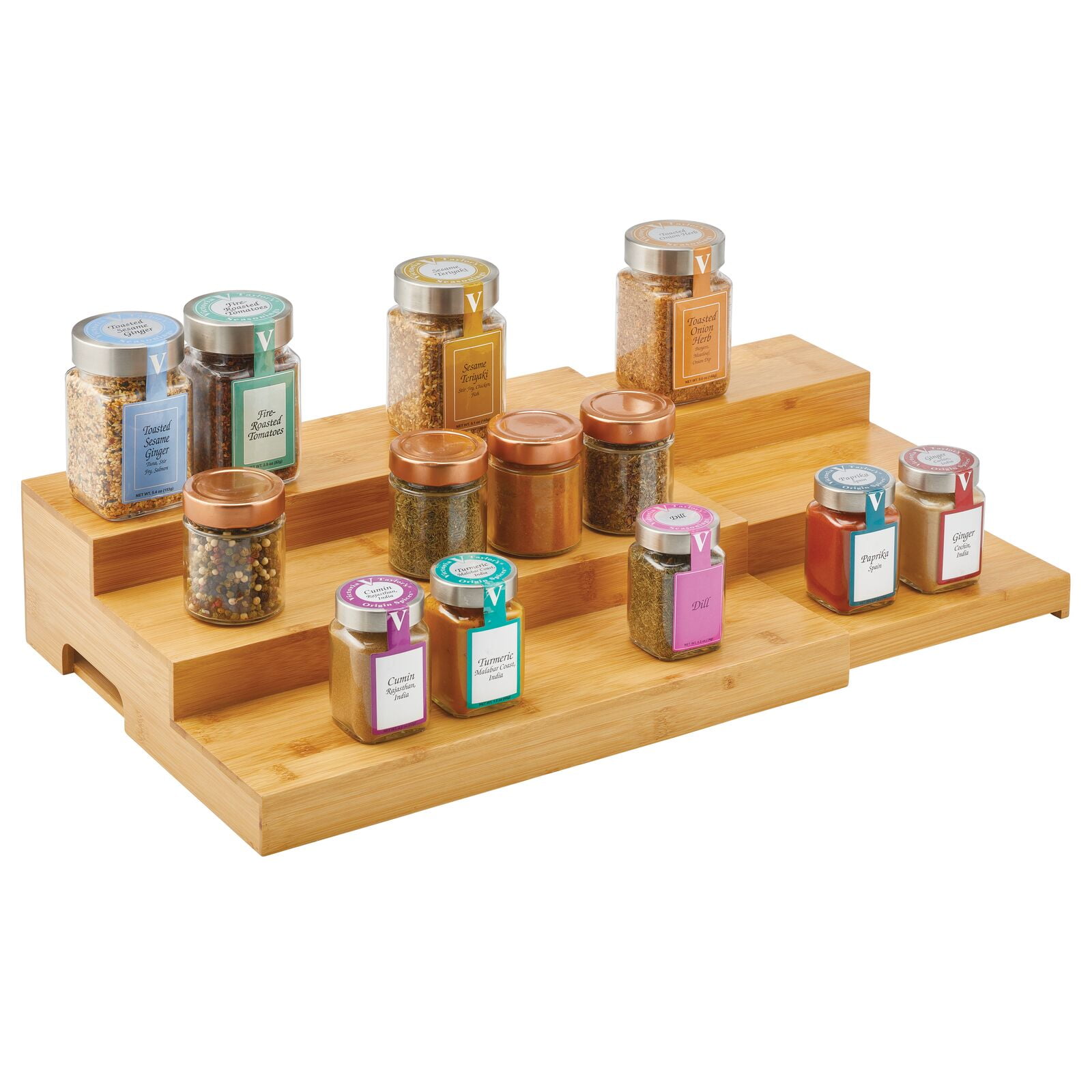 Restaurantware 12.5x9.75x4.25 inch Spice Shelf,1 Expandable Spice Step-3-Tier,For Kitchen Cabinets,Pantries,Countertops,Bathrooms,Natural Bamboo