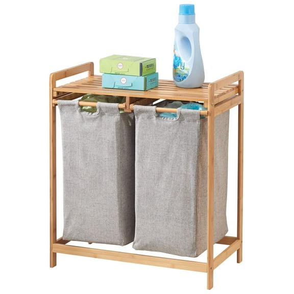 mDesign Bamboo Freestanding Double Laundry Basket Hamper Organizer - Natural/Tan