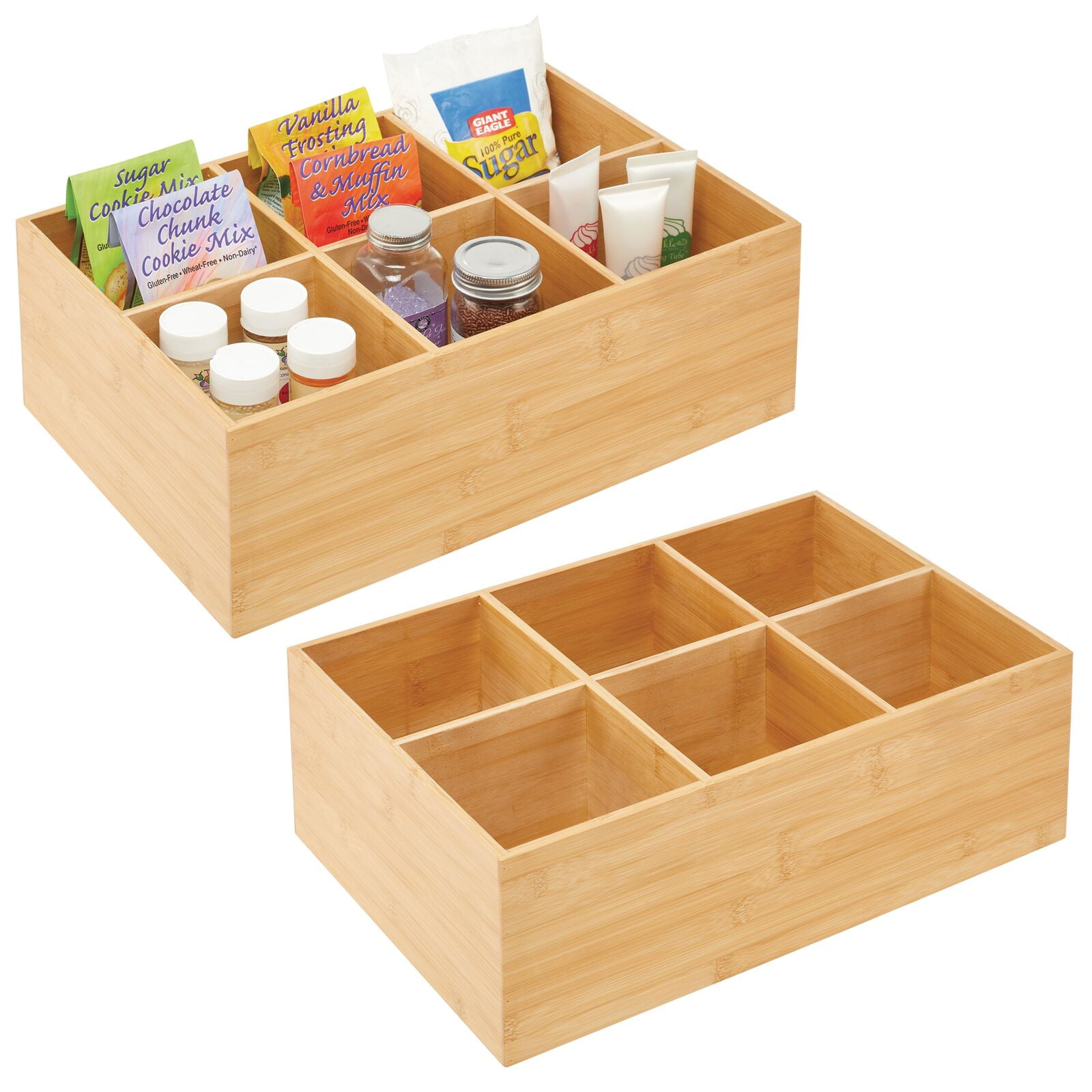 mDesign Bamboo Kitchen Pantry Organizer Bin, 2 Pack Natural Wood