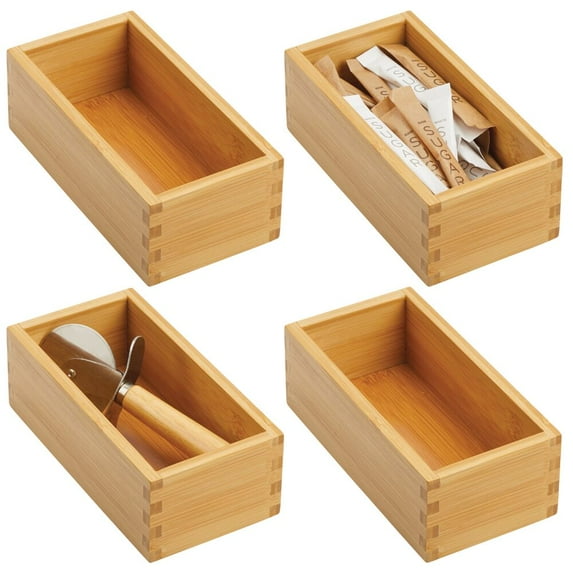 mDesign Bamboo Kitchen Storage Bin Container Crate Box, 4 Pack, Natural/Tan