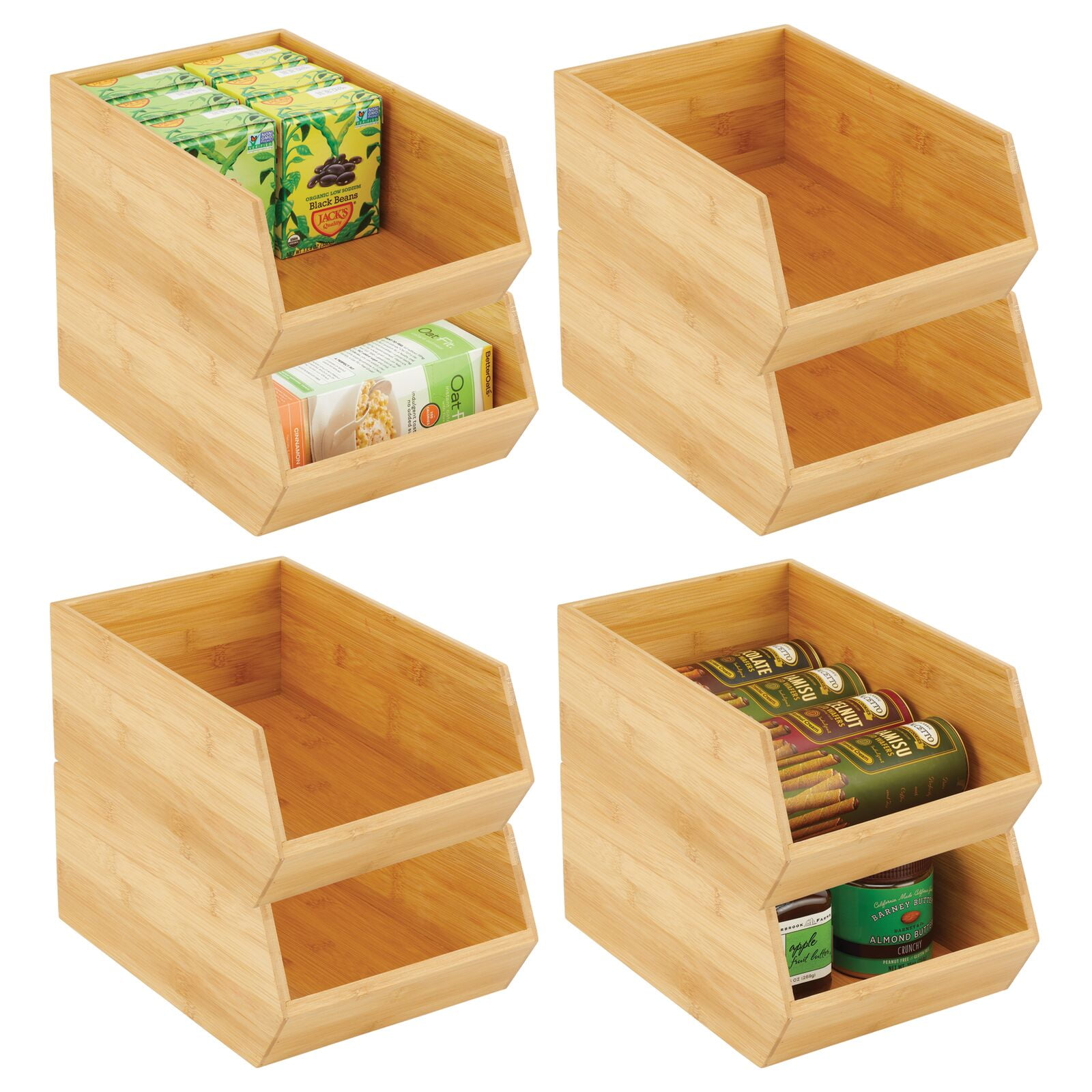 mDesign Bamboo Long Stackable Food Storage Box Organizer 8 Pack