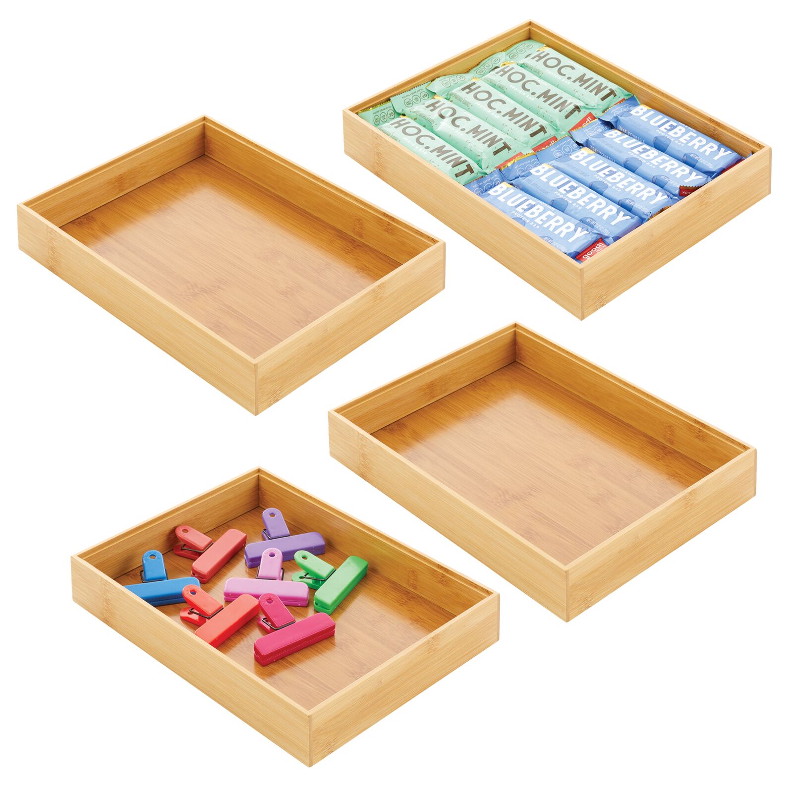 mDesign Bamboo Stackable Kitchen Drawer Organizer Bin Box Tray, 4 Pack