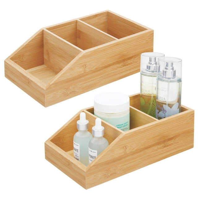mDesign Bamboo Wood Bathroom Storage Organizer 3 Sections, 2 Pack